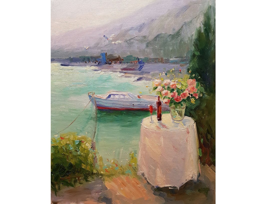 海景画船原创艺术玫瑰画山艺术画布 - 墙贴/壁贴 - 其他材质 绿色