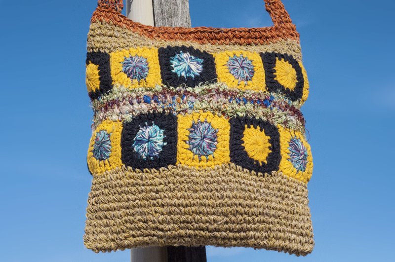 天然棉麻钩织轻便包/斜背包/侧背包/肩背包/购物袋/提袋-纱丽花朵 - 侧背包/斜挎包 - 棉．麻 多色