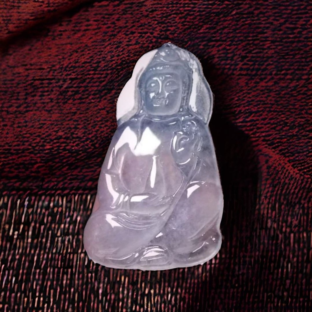 高冰种翡翠精雕宝瓶观音菩萨 | 天然缅甸玉翡翠A货 | 送礼 - 吊饰 - 玉石 透明