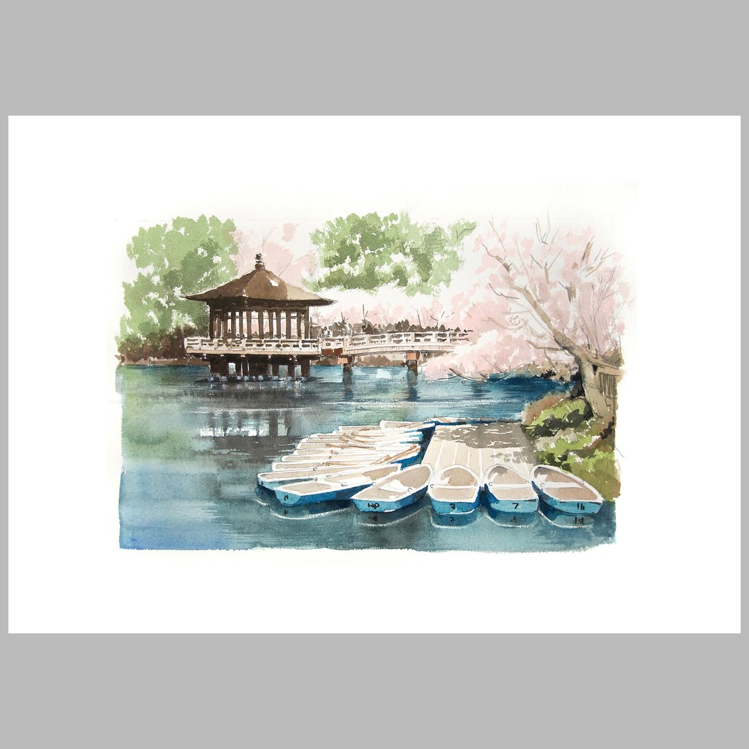 2011 年奈良风景 春日浮见堂与小船 艺术微喷印刷品 水彩素描 - 海报/装饰画/版画 - 纸 白色