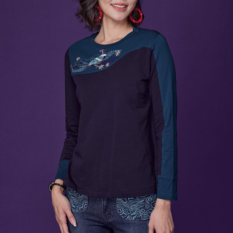 古典美 刺绣配色显瘦T桖【58004】 - 女装 T 恤 - 棉．麻 蓝色