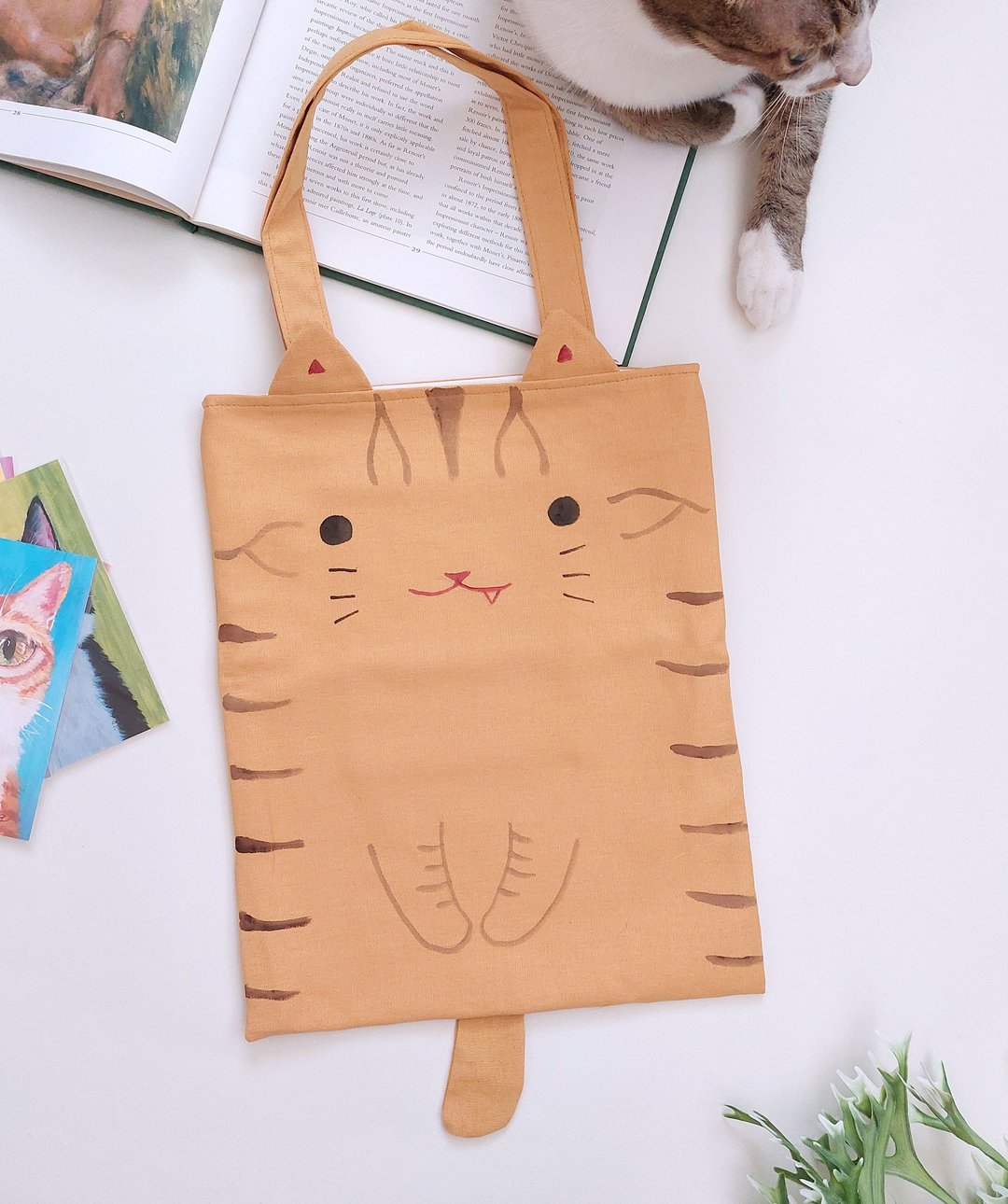 手绘猫咪A4手提袋/肩背袋-橘子虎斑 - 手提包/手提袋 - 棉 橘色