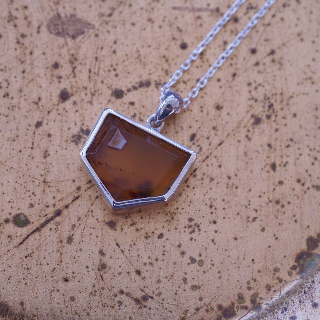 蒙大拿州 玛瑙 手工纯银项链 Faceted Montana Agate - 项链 - 半宝石 橘色