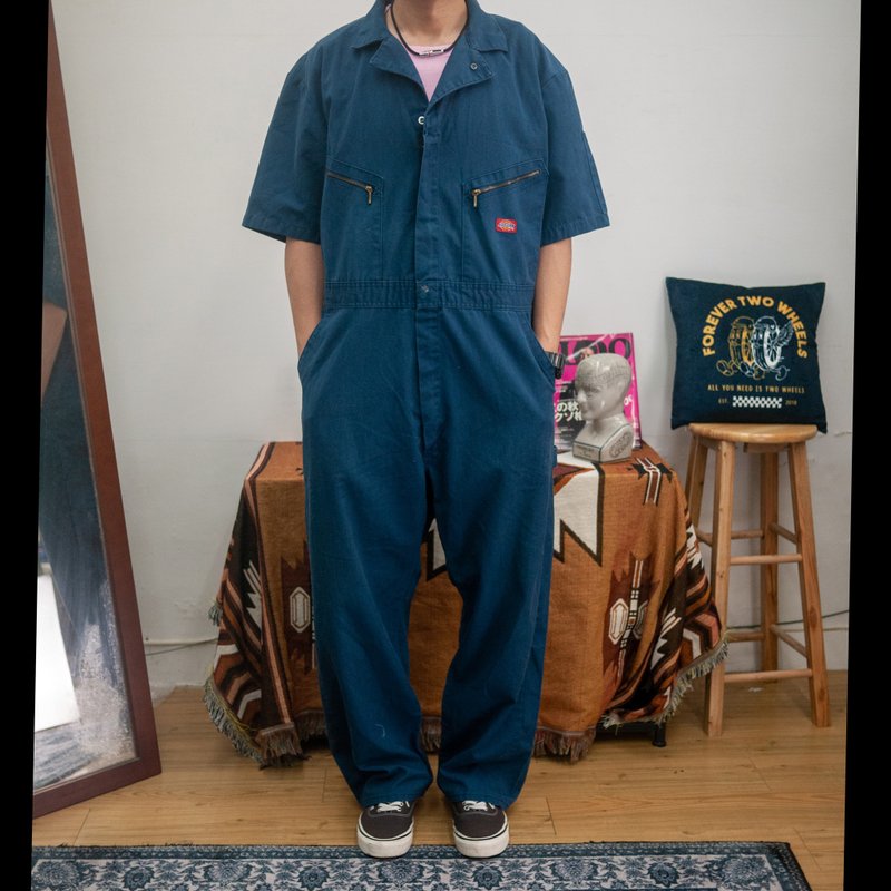 DICKIES 水洗蓝色 48 短袖 厚磅 连身工作服 COVERALLS 古着 二手 - 男士长裤 - 棉．麻 蓝色