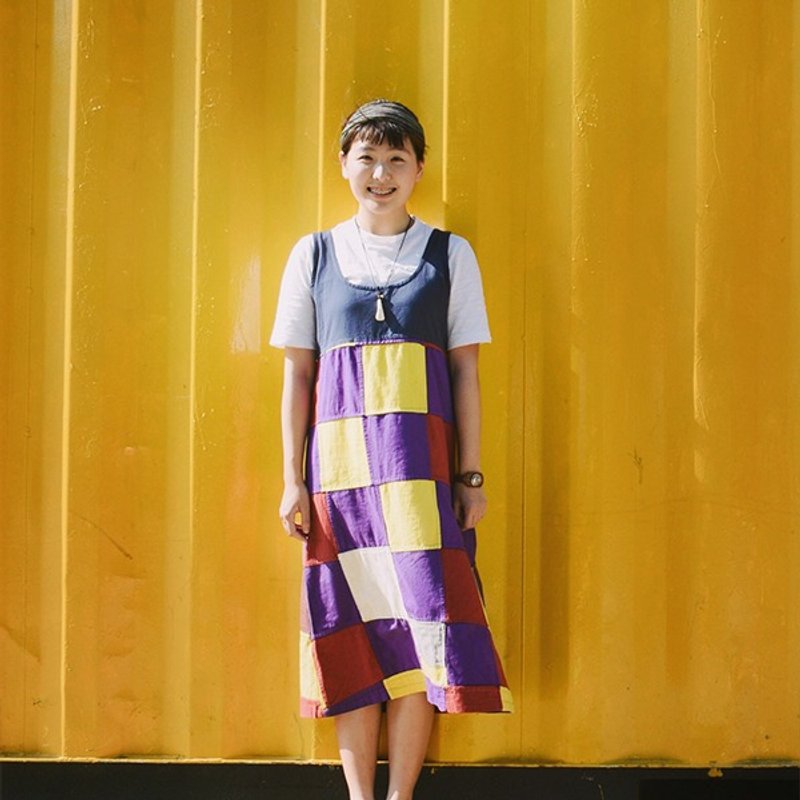 四重奏民族方块拼布裙 - 裙子 - 棉．麻 蓝色