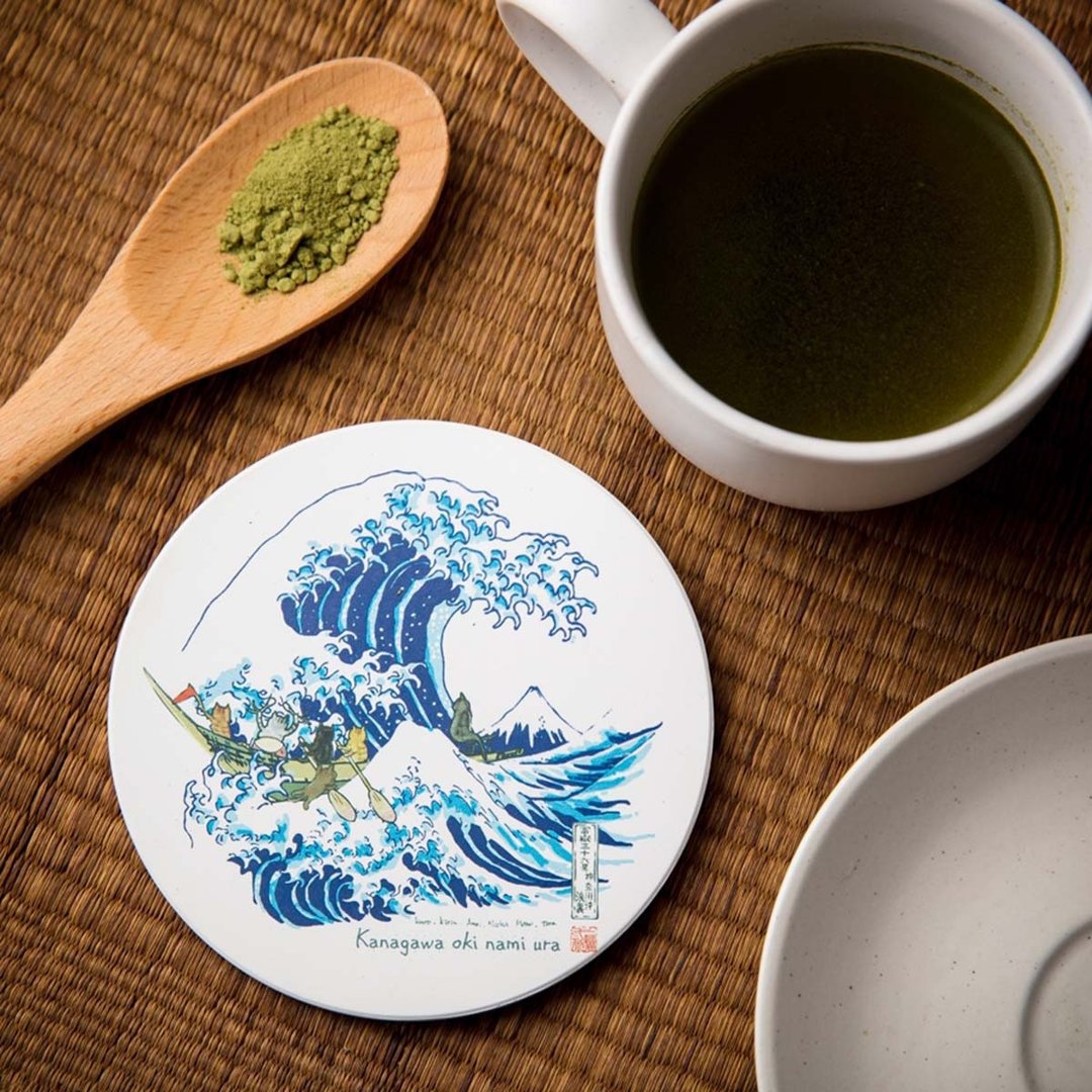 猫浮世绘-神奈川冲浪里的猫陶瓷吸水杯垫 - 杯垫 - 陶 白色