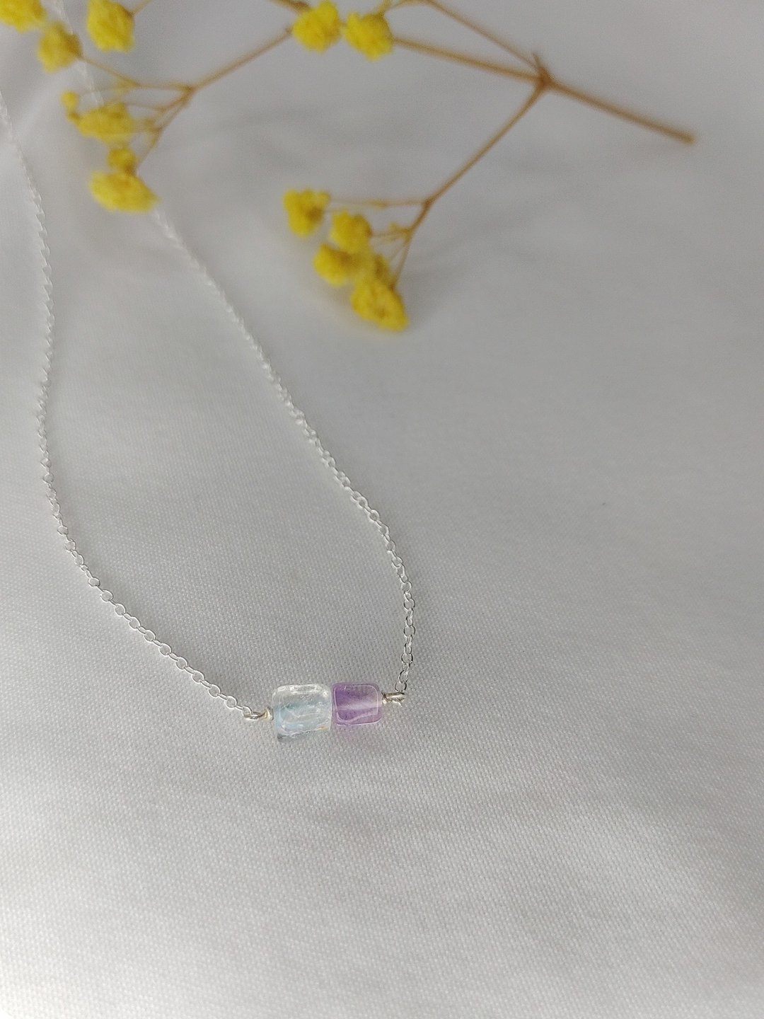 冰晶银项链  925纯银  海水蓝宝石  紫水晶   手作 - 项链 - 纯银 银色
