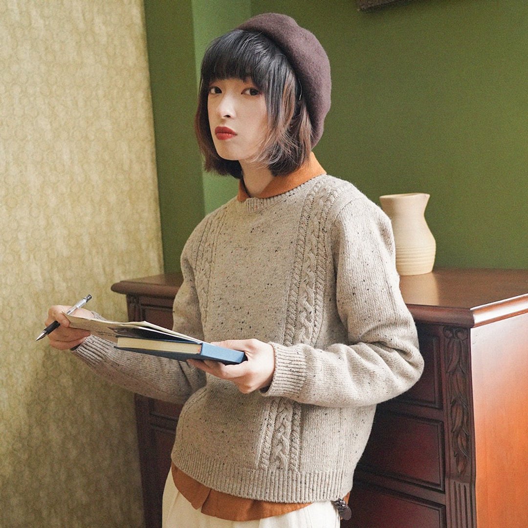 花灰色圆领针织毛衣|针织衫|冬款|羊毛混纺|Sora-662 - 女装针织衫/毛衣 - 羊毛 