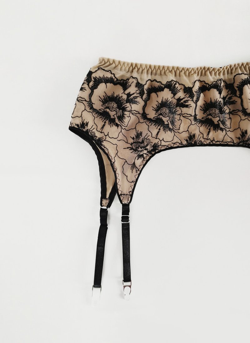花卉蕾丝吊袜带 - 性感黑米色内衣 - 可爱网纱内裤 - 女士内衣裤 - 聚酯纤维 咖啡色