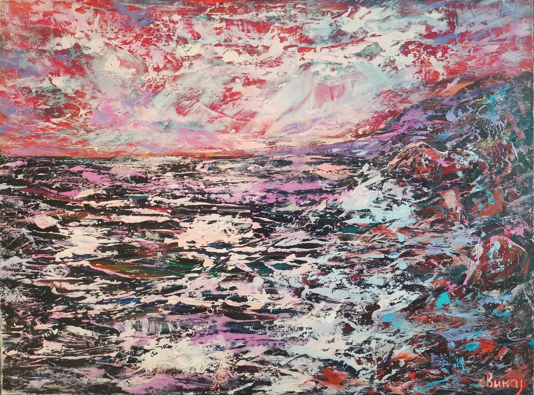Oil Painting Rays Sun Sea Beautiful Sunset Original Art Artist Svinar Oksana - 其他 - 其他材质 多色