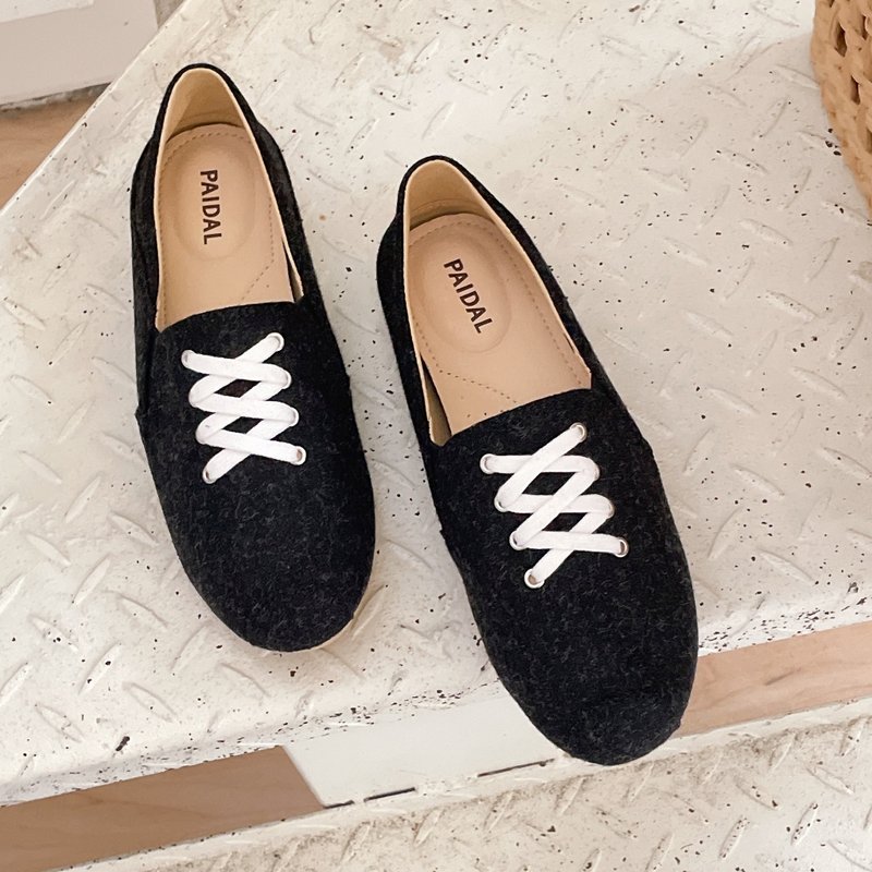 Paidal 混色毛假绑带不弯腰平底休闲鞋乐福鞋懒人鞋-黑 - 女款休闲鞋 - 棉．麻 黑色