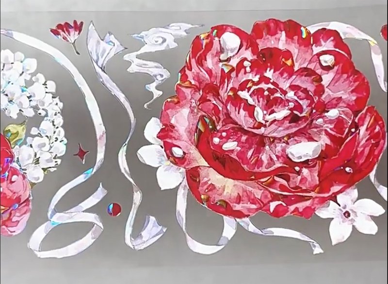 OKMT新七天原创花卉流麻咕卡贴纸PET手帐手账和纸胶带 银朱霜降 - 纸胶带 - 塑料 红色