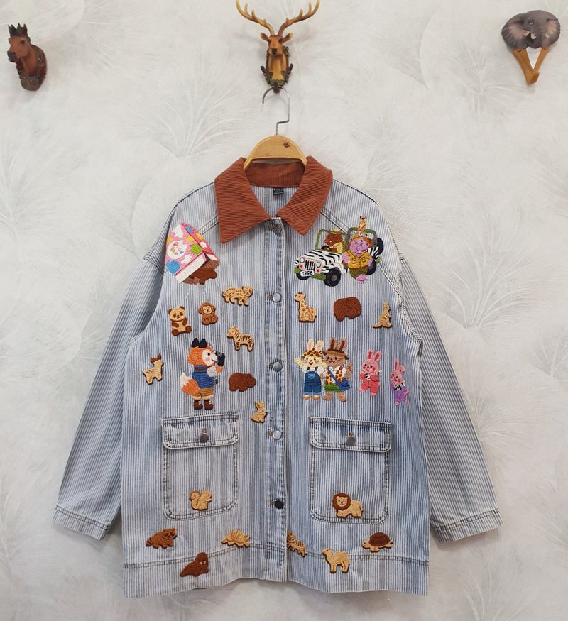 手工刺绣开衫、野营、狐狸、雏菊、可爱动物 - 女装上衣 - 绣线 蓝色