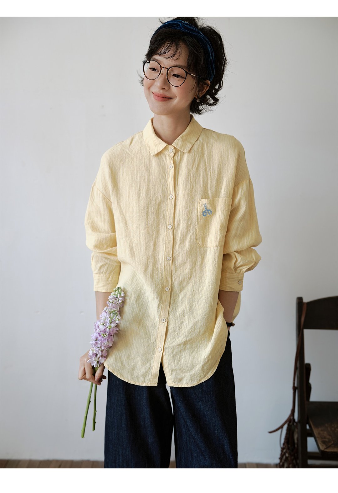 亚麻黄色条纹绣花衬衫上衣 - 女装衬衫 - 亚麻 多色