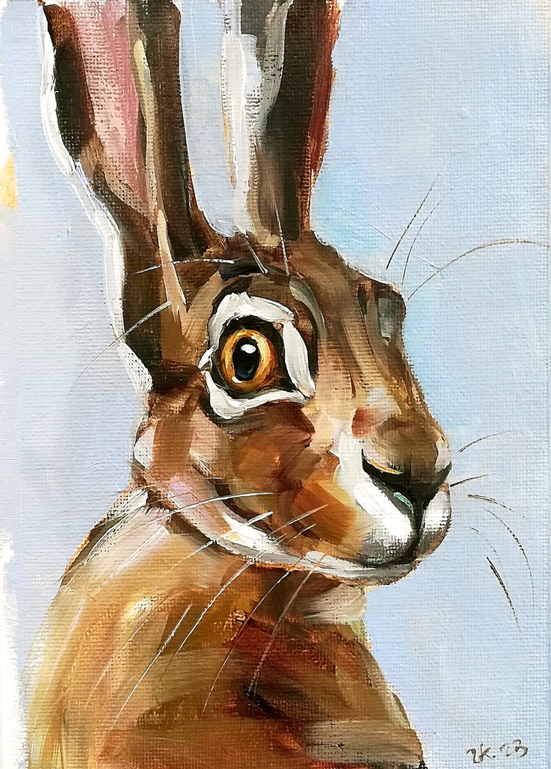 Rabbit Oil Painting Original Wildlife Animals Hare Bunny Art MADE TO ORDER - 海报/装饰画/版画 - 其他材质 多色