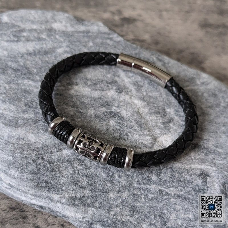 十字百合 不锈钢 6mm真皮编织 单圈皮手环 - 手链/手环 - 真皮 黑色