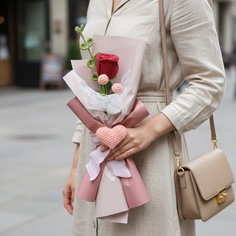 【Petit Heart】深绯红玫瑰 | 手作钩织花束 - 干燥花/捧花 - 棉．麻 