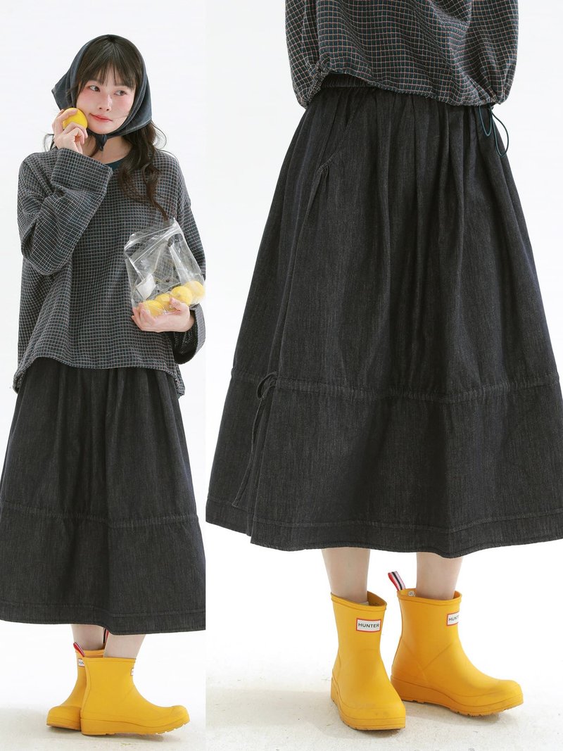 牛仔藍 系帶七分牛仔半身裙 文藝復古休閒寬松長裙 - 裙子 - 棉．麻 蓝色