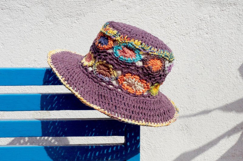 情人节礼物 限量一件 手工编织棉麻帽/编织帽/渔夫帽/草帽/遮阳帽/钩织帽 - 紫罗兰色 森林花朵编织 - 帽子 - 棉．麻 多色