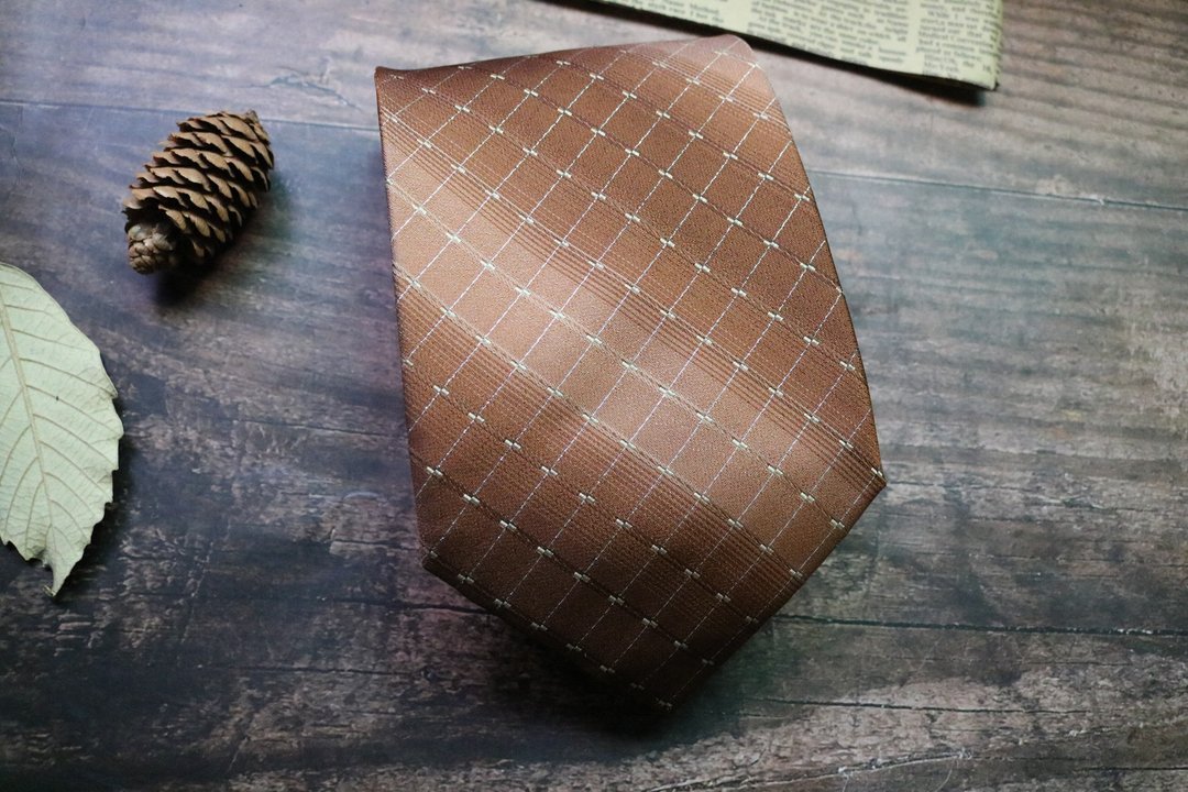 琥珀色小格纹真丝领带英伦绅士necktie - 领带/领带夹 - 丝．绢 卡其色
