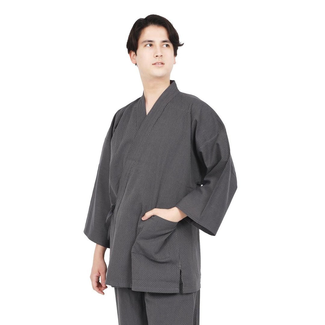 深灰色 日式 刺し子风 作务衣 男装 100% 纯棉 和风休闲居家套装 - 居家服/睡衣 - 棉 灰色