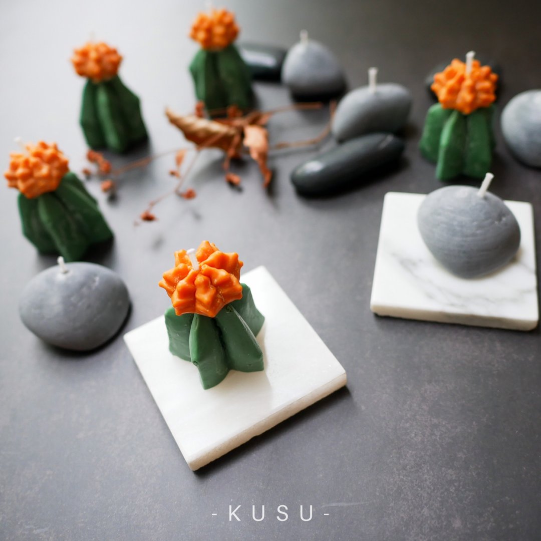 Pebble stone candle and cactus candle set - 蜡烛/烛台 - 蜡 橘色