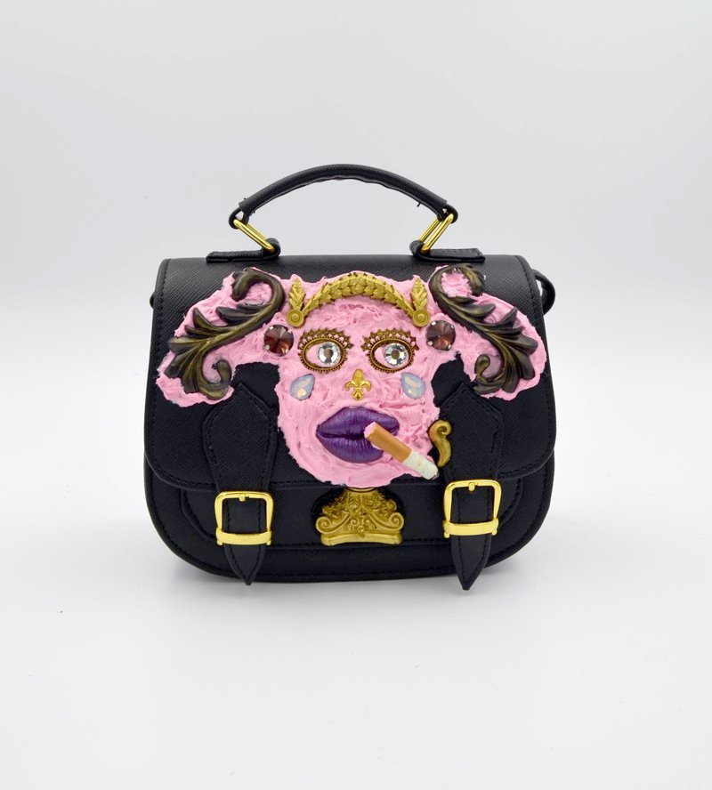 黑色PU小手袋 怪咖脸抽烟 晚宴礼服包 原宿系 搞怪风 - 手提包/手提袋 - 聚酯纤维 黑色