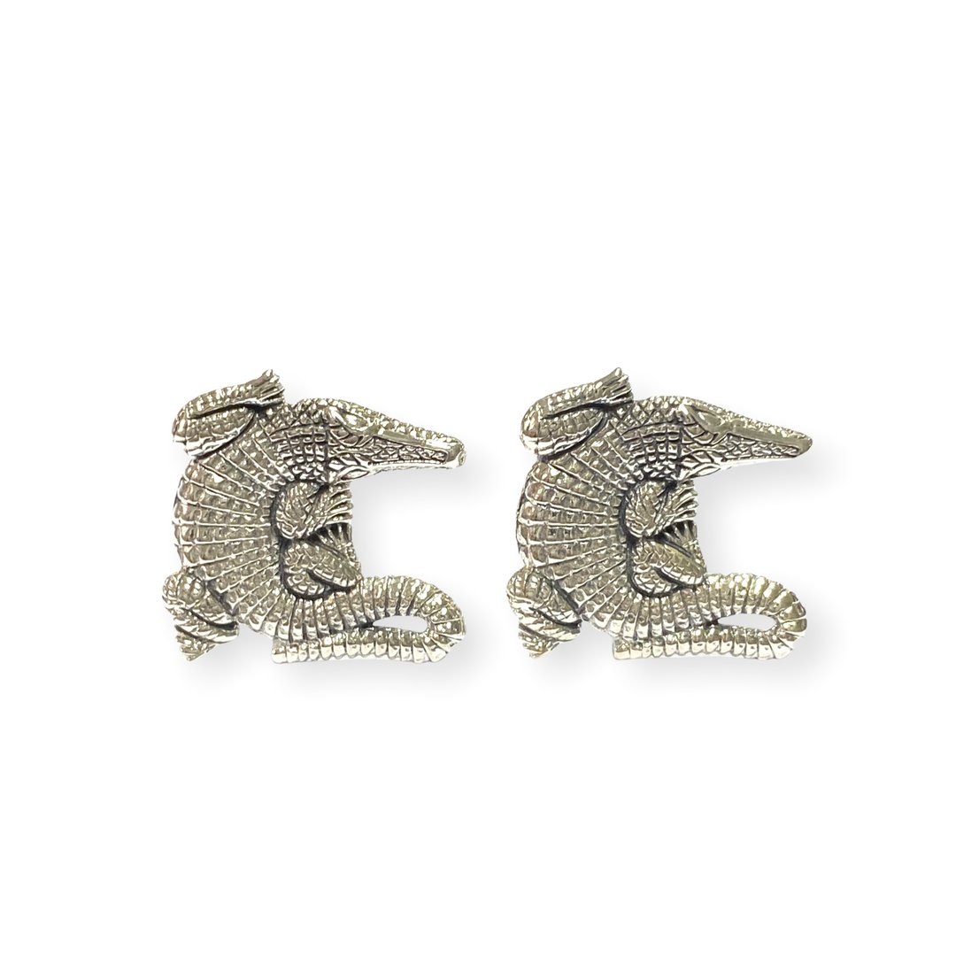 Vintage Style Alligator or Crocodile Cufflinks 925 Sterling Silver Mens Gift - 袖扣 - 纯银 银色