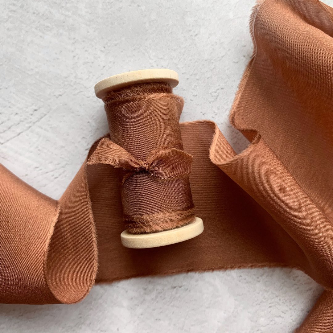 Cinnamon Silk Ribbon / Hand Dyed Silk ribbon on Wood Spool - 包装材料 - 丝．绢 橘色