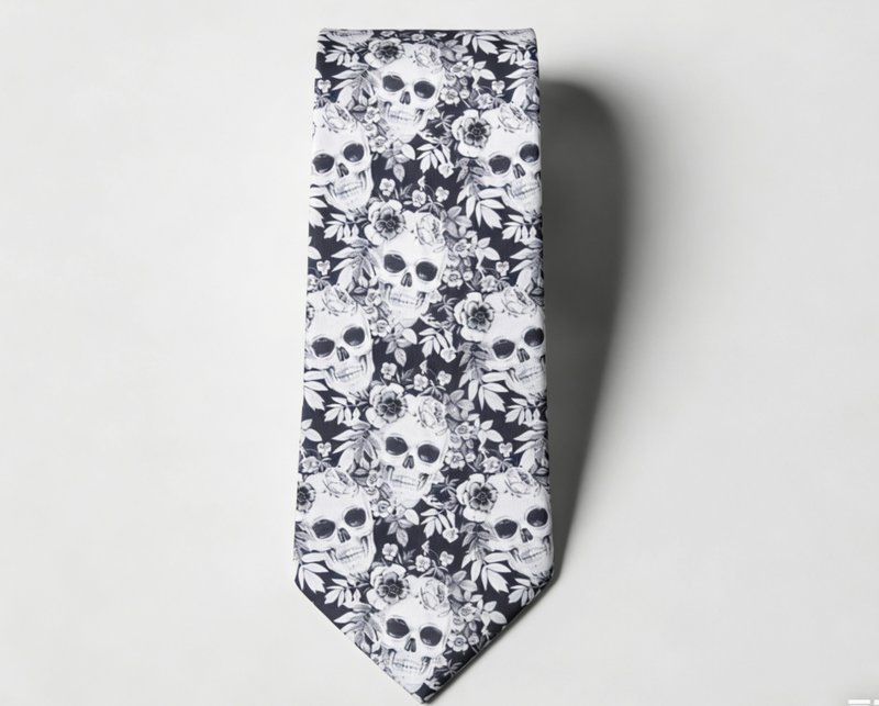 玫瑰骷髏印花領帶雅痞街頭範領帶tie - 领带/领带夹 - 棉．麻 灰色