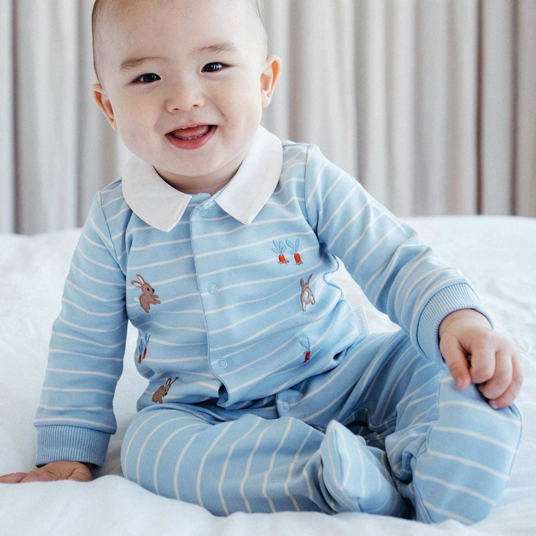 澳洲Purebaby有机棉婴儿包脚连身衣/新生儿包屁衣  粉蓝白领 - 包屁衣/连体衣 - 棉 