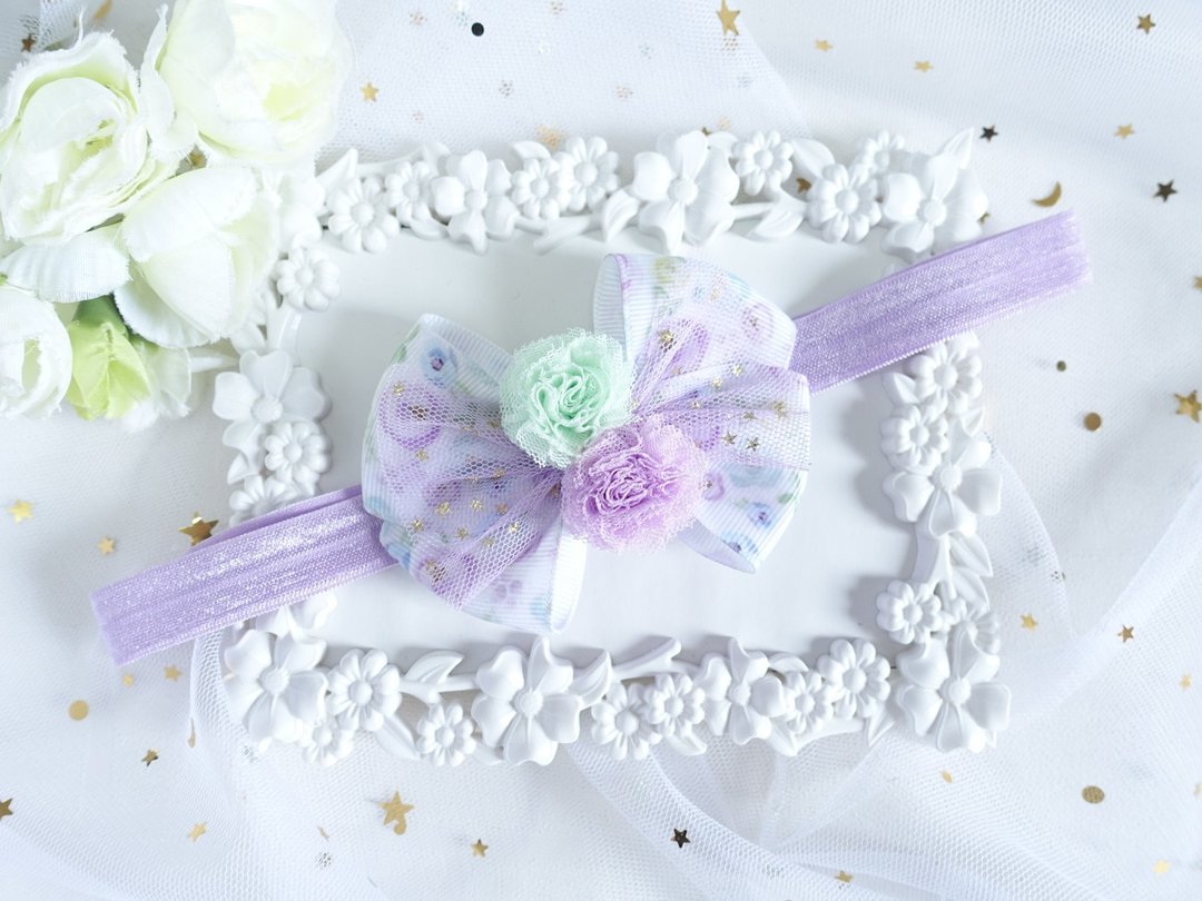 紫色蝴蝶结小纱球 婴儿宝宝头带 发带  Baby Headband - 婴儿帽/发带 - 其他材质 