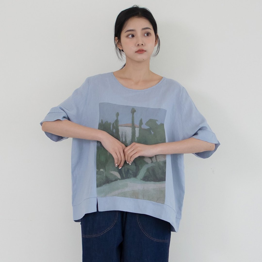 舒适透气亚麻圆领风景 T 蓝 F - 女装 T 恤 - 棉 蓝色