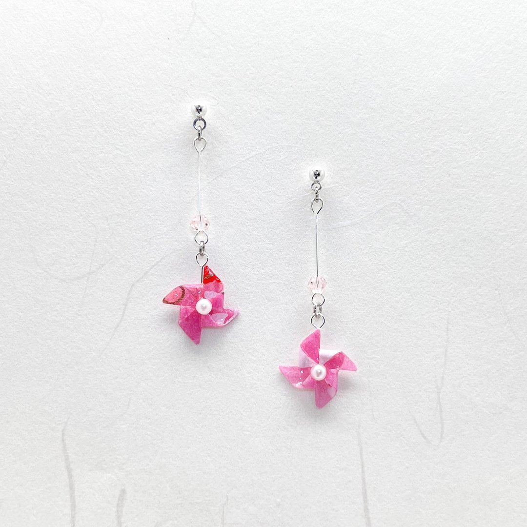 Chearrings | Origami 日本和纸 手工折纸 风车耳环 | 款式 W002 - 耳环/耳夹 - 纸 粉红色