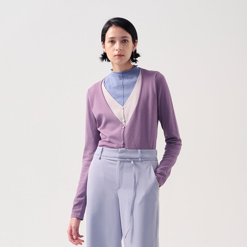 AVVJOY | 假两件V领针织毛衣外套长袖宽松时髦紫色 - 女装休闲/机能外套 - 其他材质 