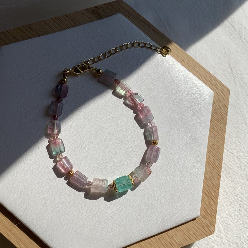 稀有色系 紫色西瓜原石碧玺手链 碧绿色原石碧玺设计手链 电气石 - 手链/手环 - 半宝石 多色