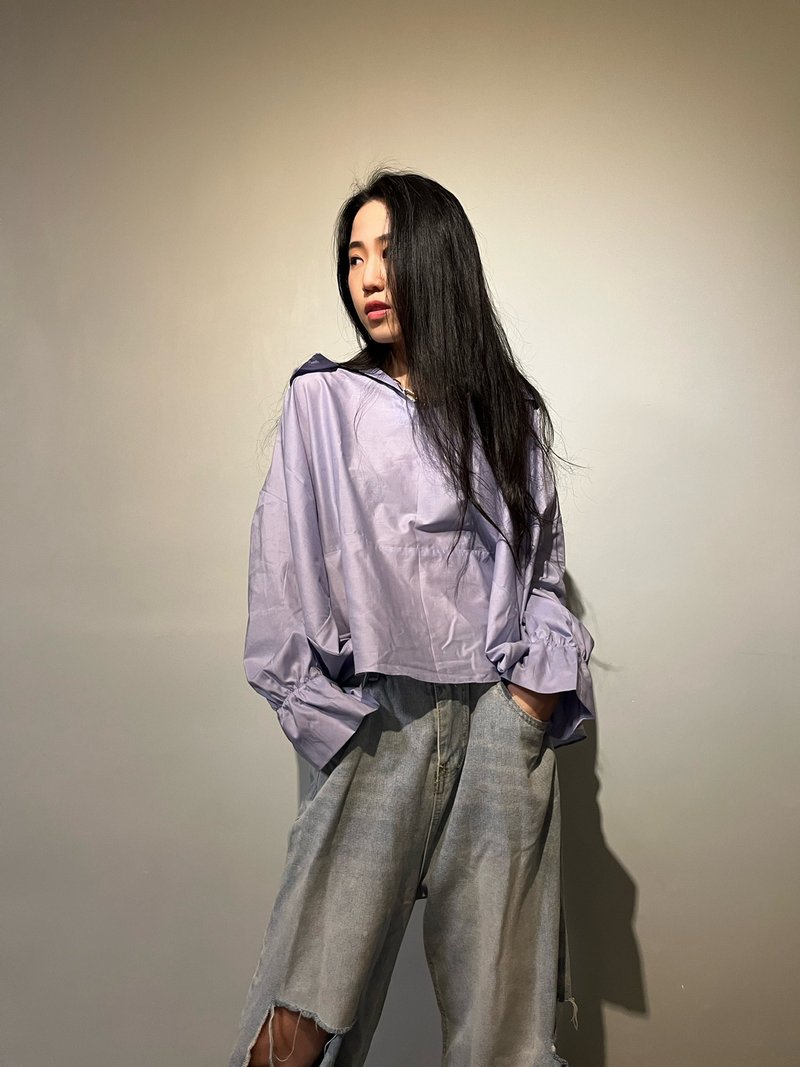 V- shape ruffle collar long sleeves top - 女装上衣 - 聚酯纤维 紫色