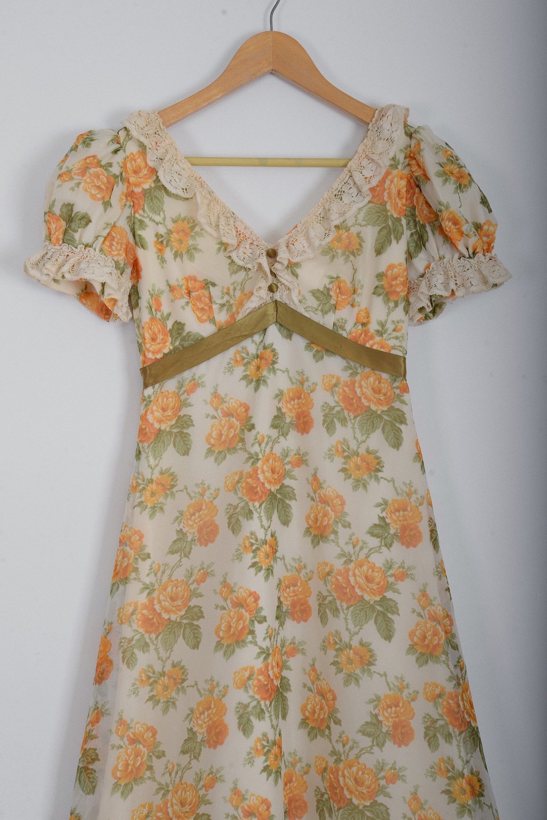 1960s粉色蔷薇花柄玻璃纱泡芙袖长裙 - 洋装/连衣裙 - 棉 