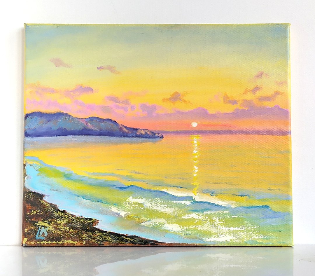 海上日出油画日落海滩画海洋墙艺术夏季波浪艺术 - 墙贴/壁贴 - 棉 