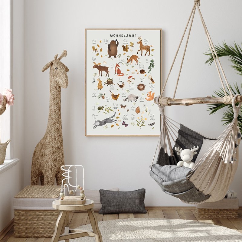 森林动物字母表 - 可爱动物字母挂画/疗愈/房间布置/幼儿园摆设 - 海报/装饰画/版画 - 棉．麻 咖啡色