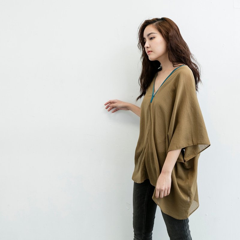 滚边罩衫 - 卡其 - 背带裤/连体裤 - 棉．麻 咖啡色