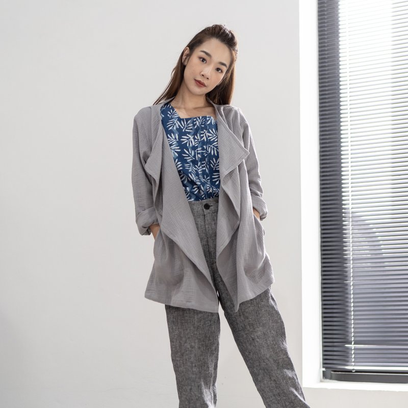天然棉质长袖外套，柔软垂坠领设计 - Dove Grey - 女装休闲/机能外套 - 棉．麻 灰色
