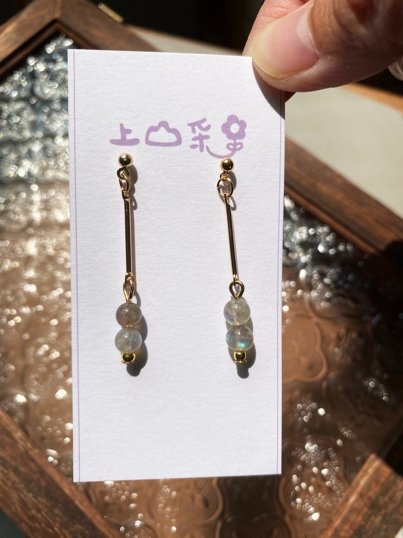 巴黎小镇 拉长 14K 天然石耳环 耳针 改夹 欧式 长坠 定制 简约 - 耳环/耳夹 - 宝石 蓝色