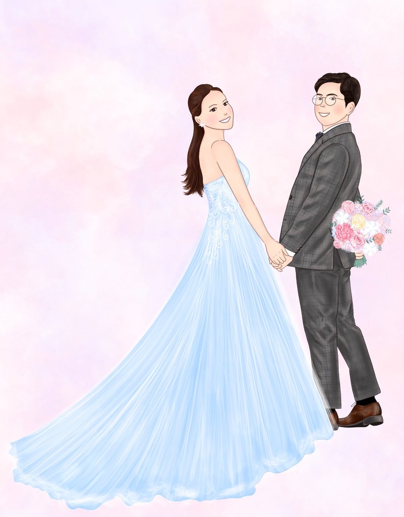 似颜绘/ 定制化卡通插画 / 婚纱似颜绘 / 特殊服装似颜绘 /电子档 - 卡片/明信片 - 纸 粉红色