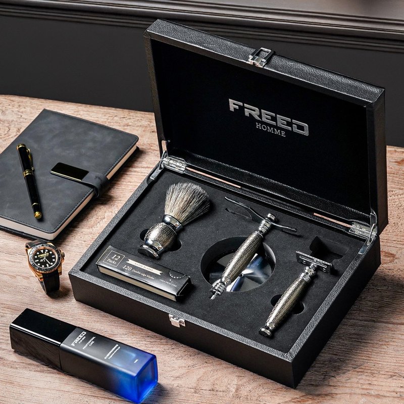 【FREED】双刃式刮胡刀豪华礼盒四件组-F满版镀镍浮雕 免费刻字 - 男性清洁护肤品 - 其他金属 银色