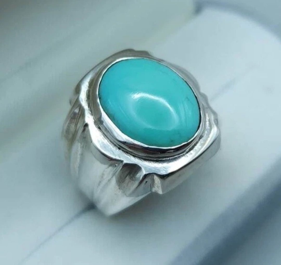 Men's Genuine Old Preserved Hussaini Feroza Ring Sabza Ring Nishapuri Turquoise Ring - 戒指 - 宝石 蓝色