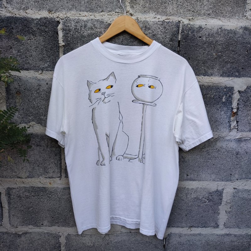 90年代复古 Studio Q Cat & Fish 艺术T恤 稀有款 - 男装上衣/T 恤 - 棉．麻 白色