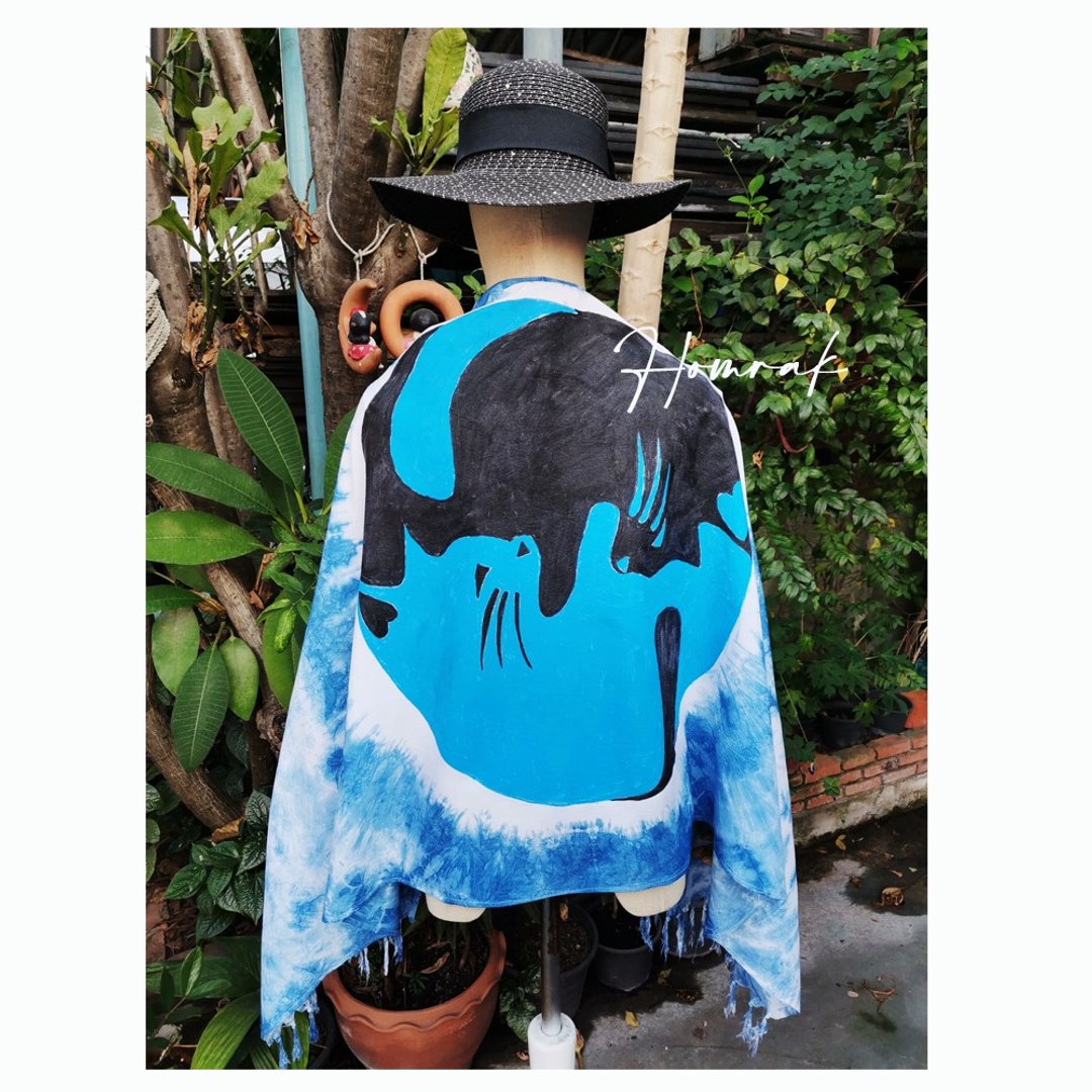 Indigo Scarf (Tie-dye and paint YINYANG CAT) - HOMRAK - 丝巾 - 棉．麻 蓝色