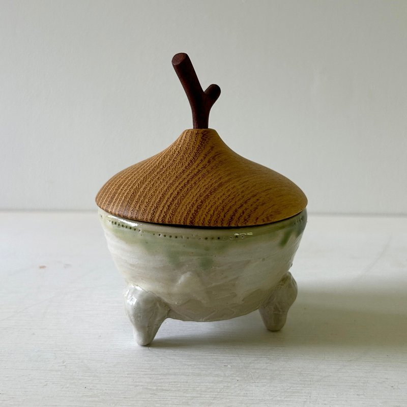 三足小碗，白色和绿色 - 碗 - 陶 白色