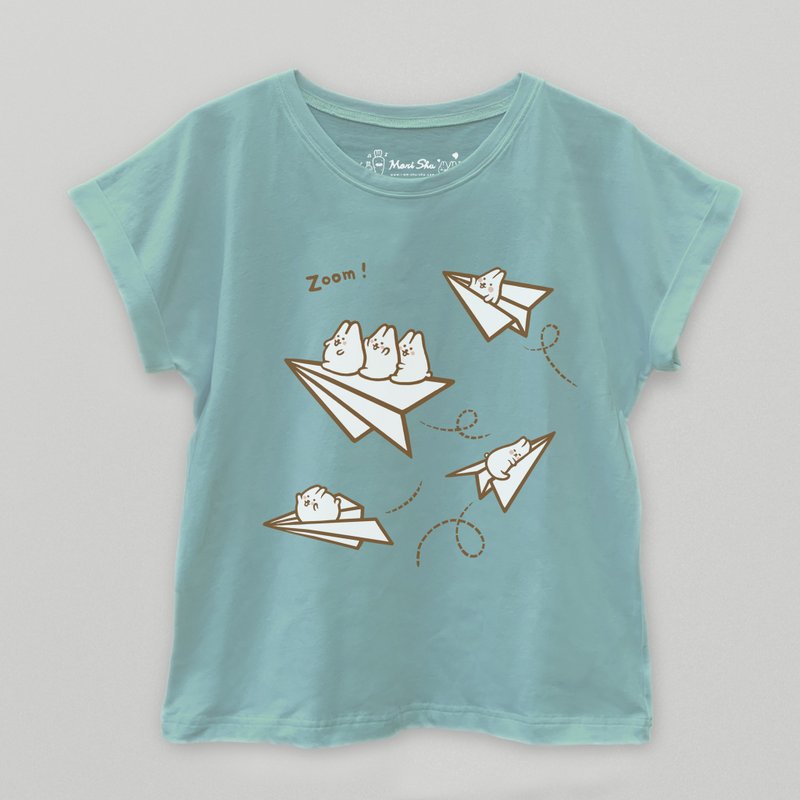 麻糬兔纸飞机T-shirt - 女装 T 恤 - 棉．麻 绿色